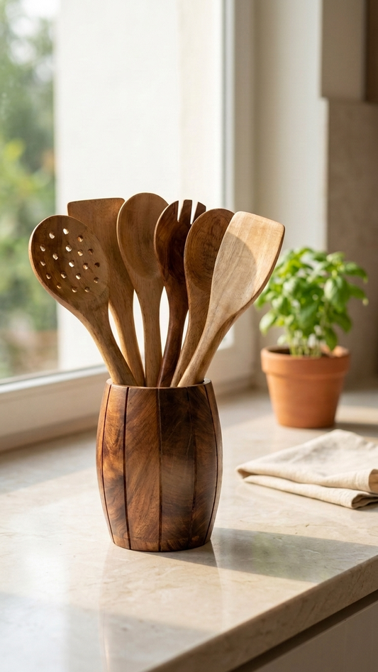 Vanam Wooden Spatula Set of 6 with Holder