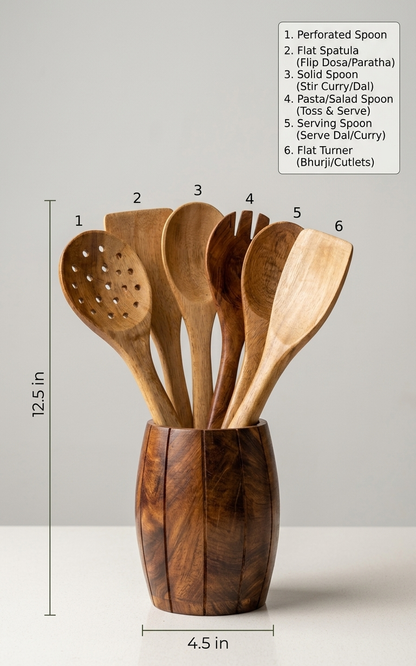 Vanam Wooden Spatula Set of 6 with Holder