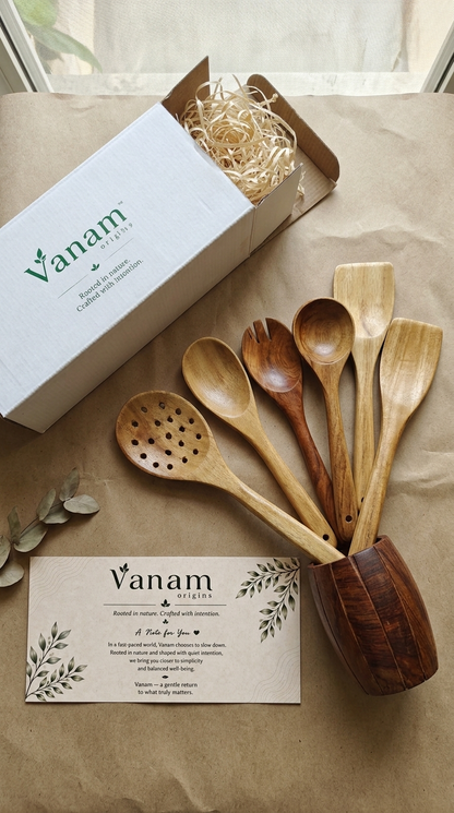 Vanam Wooden Spatula Set of 6 with Holder