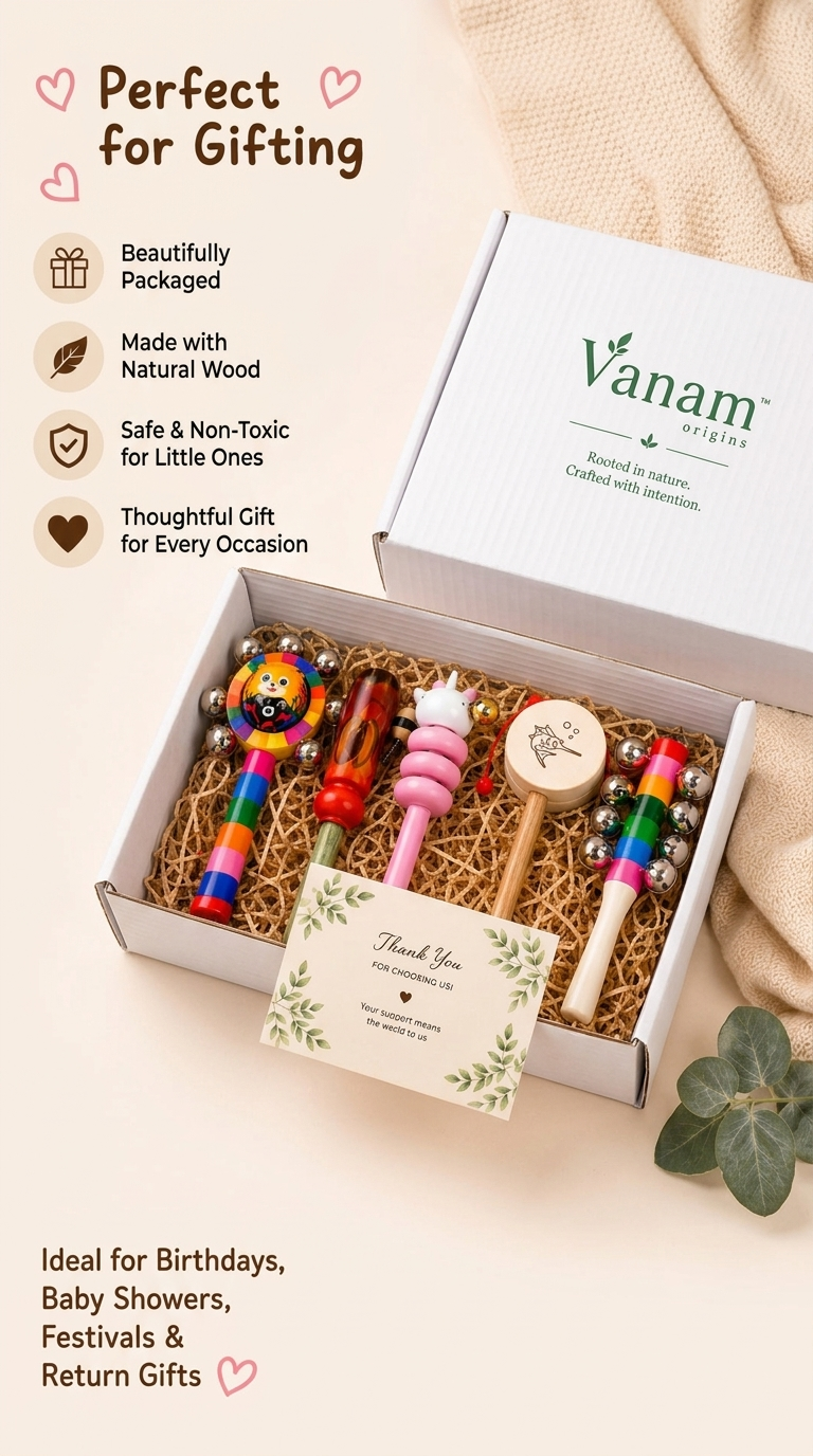 Vanam Little Roots Wooden Baby Rattle Set